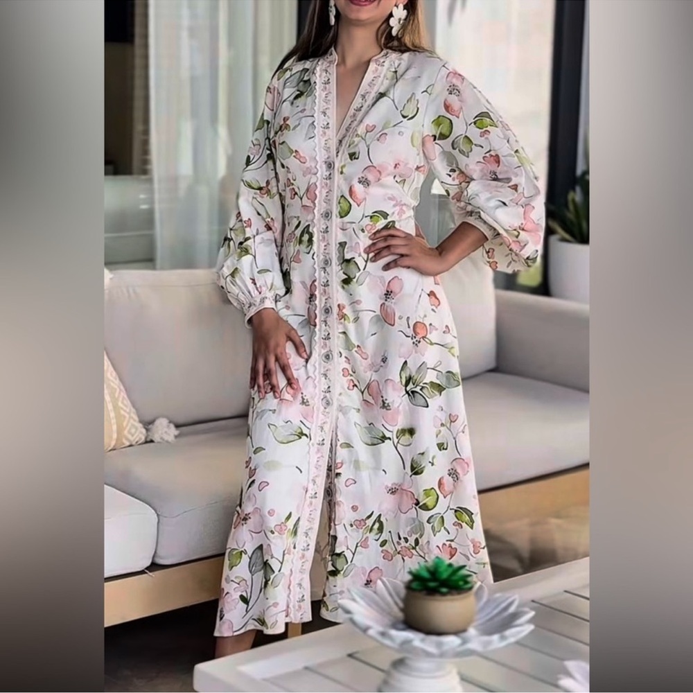 NWT Caroline Constas  Ivory Floral Print Linen Blend Dress  Sz XS